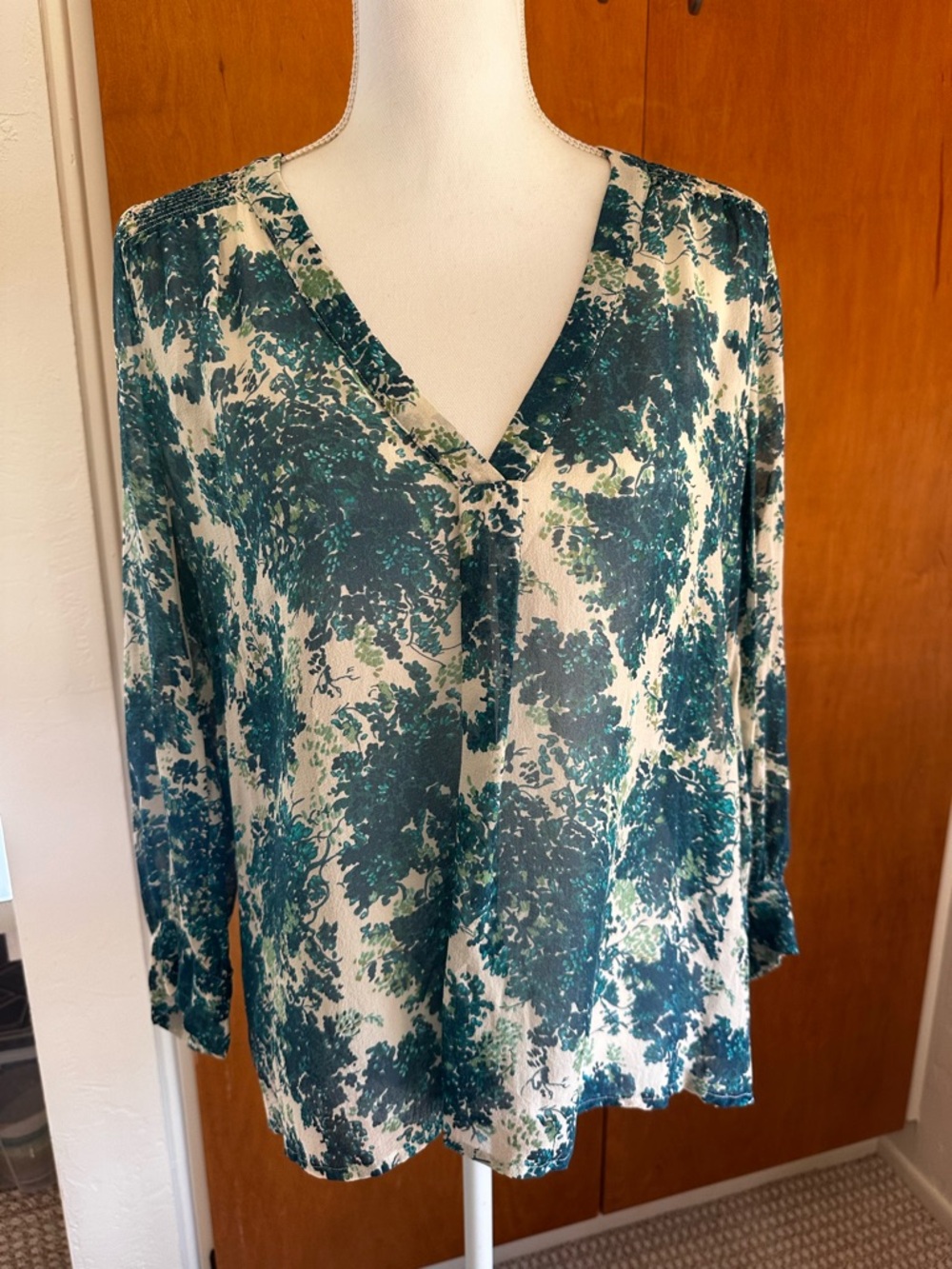 Joie Silk Green and Blue Floral V-Neck Blouse